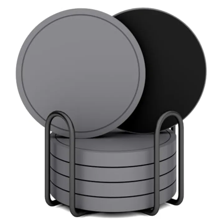 Azhou 6Pcs Super Absorbent Diatomaceous Earth Coasters Set with Holder - Quick-Dry 4 Inch Grey Coasters for Drinks, Heavy Duty Stone Coaster with Velvet Base, Scratch-Proof Home Decor for Coffee Bar