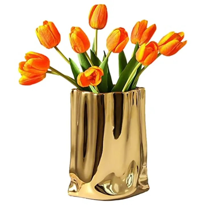auons Crinkle Paper Bag Vase Ceramic Vase Modern Handmade, Creative Flower Arrangement Ornaments, Decorative Flower Vases for Home Decor Living Room Bedroom Wedding Party, G