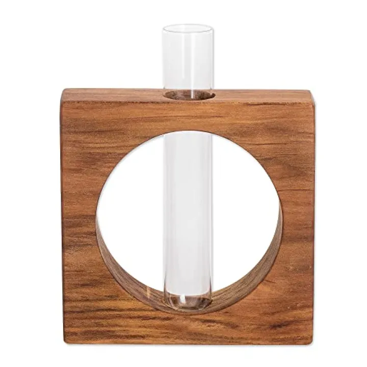 NOVICA Handmade Teak and Glass Vase Watertight Wood Stand with Tube Clear Guatemala Vases Geometric Modern 'Home Elegance'
