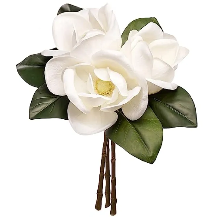 FlorisDecor 3 Stems Real Touch Creamy White Southern Magnolia Flowers, Artificial Realistic Magnolia Grandiflora for Home Décor