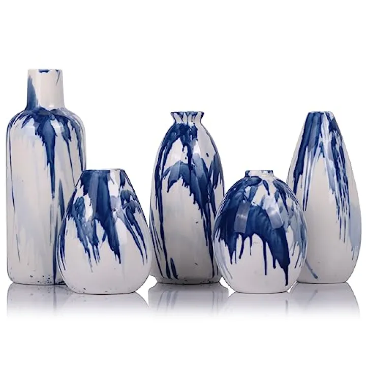 Set of 5 Blue and White Ceramic Small Bud Vases - Modern Farmhouse Navy Blue Decorative Vases for Home, Office, Living Room, Table Decor - Ideal Centerpieces for Flowers, Shelf and Fireplace Accents