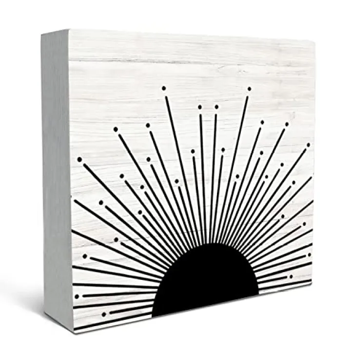 SRADMO Abstract Boho Black Sun Sunrise Sunset Sunshine Sunray Rustic Wood Box Sign Desk Decor, Boho Mid Century Modern Art Wooden Block Box Sign Decoration for Home Office Wall Shelf Table Decor