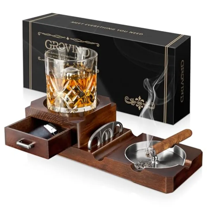 Grovind Cigar Ashtrays, Whiskey Glass Tray and Wooden Ash Tray Detachable Outdoor Ashtray for Cigarettes, Gift Set with Cigar Cutter, Great Decor for Home Office Gifts for Men