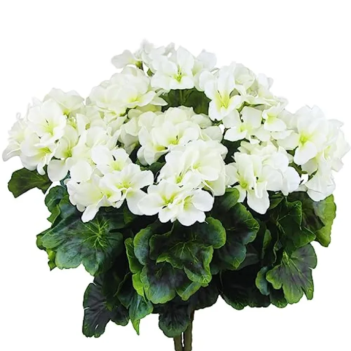 FAICOIA 2 Pcs Artificial Geraniums for Outdoor Silk Geranium Flowers White Artificial Geranium Bush Faux Flowers Geraniums Branch for Garden Patio Grave Cemetary Vase Table Centerpiece Indoor Decor