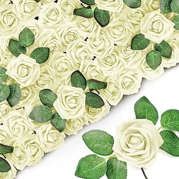 Sherr 250 Pcs Artificial Roses Flowers Bulk Fake Rose with Stem Faux Bridal Flower Centerpiece for Wedding Valentine's Day Christmas Tree Decorations Bridal Shower Party DIY Bouquet(White)