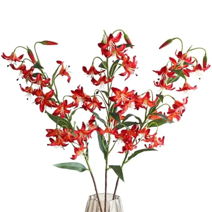Artifical Lily Flowers Long Stem Artificial Tiger Lily Flowers for Home Hotel Flower Arrangement Party Decor (Orange red)