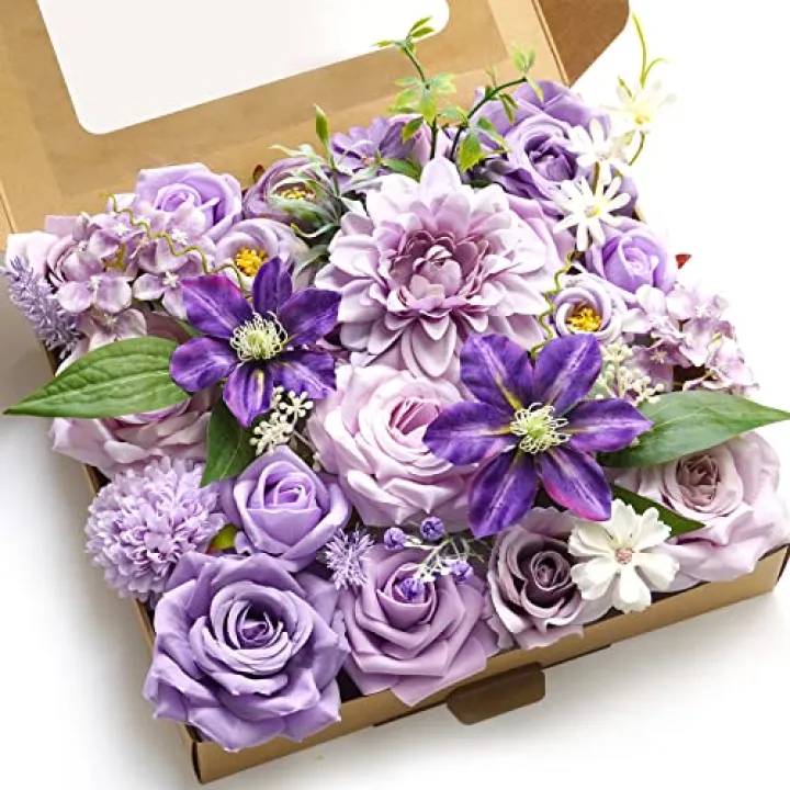 WEIERYUE Purple Artificial Flowers Combo Box Wedding Decor,Fake Flowers,Flowers for Decoration,Silk Flowers for Home Decor Indoor,Cake Flowers,Faux Flowers for Crafts