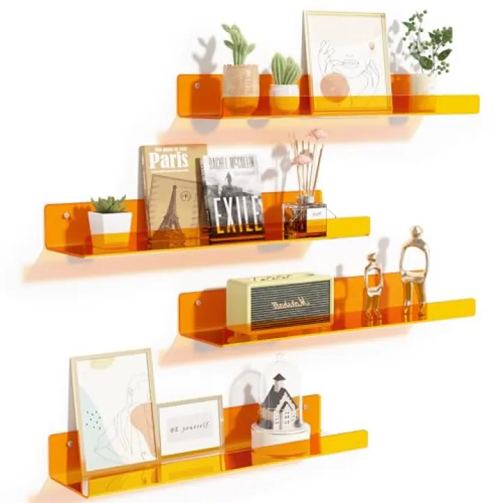 upsimples Acrylic Shelves for Wall Decor, 15" Display Shelf Perfume Organizer for Bathroom, Bedroom, Living Room, Floating Bookshelves for Kids, Clear Orange, 4 Pack
