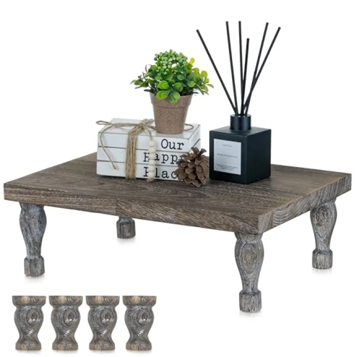 Hanobe Wooden Riser Decorative Tray: Farmhouse Wood Pedestal Display Stand Rustic Brown Tray Riser Centerpiece for Coffee Bar Kitchen Dining Room Home Table Decor, Short & Tall Footed