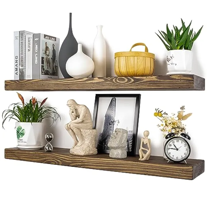 XWNE Distressed Floating Shelves 36 inch Long Set of 2,8 inch deep Solid Wood Wall Mounted Shelves for Living Room Kitchen,Book Shelf for Wall with Hidden Bracket- Distressed Black Walnut