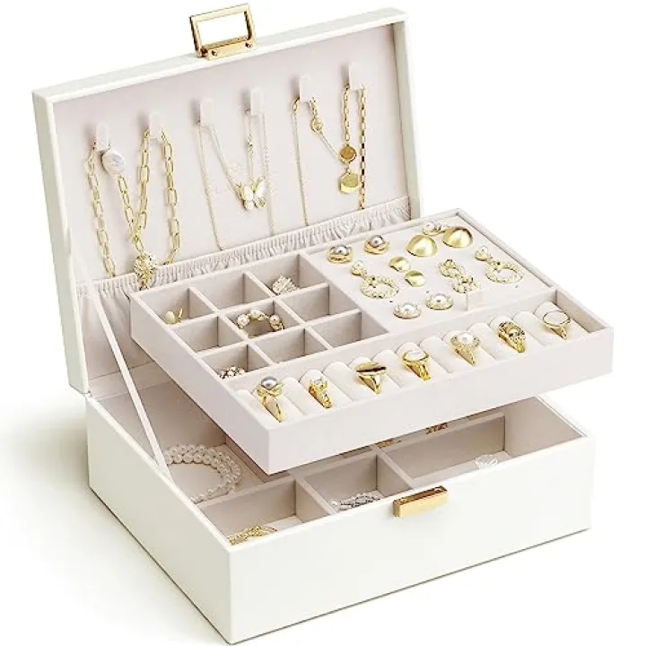 Vlando Jewelry Box for Women, Gift for Women Girls,2 Layer Jewelry Box,Large Jewelry Organizer for Women Removable Jewelery Tray for Necklace Earrings Rings(Cream White)