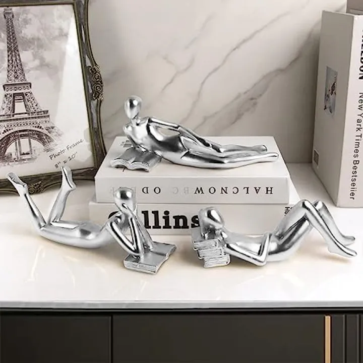 RIRPUAE Silver Home Decor Thinker Reading Women Statue for Living Room, Modern Shelf Decor Accent Decorations, Resin Collectible Figurines Display for Office Bedroom Table Desk,Silver