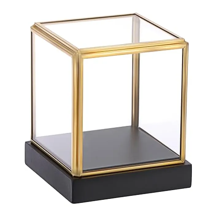 Hipiwe Glass Display Case for Collectibles Vintage Gold Display Box with Black Wood Base for Plants Action Figurine Models Clear Keepsake Box, Square, 3.3x3.3x3.6 Inch