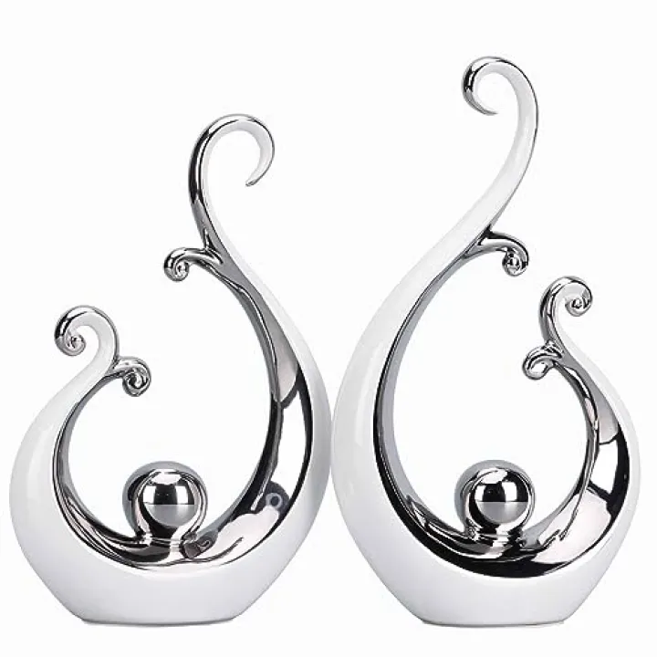 DOVDOV White and Silver Ceramic Abstract Statues Set of 2, Modern Art Deco Accents, Unique Home Decor, Coffee Table Decor, Shelf Decor, Room Decor, Coffee Table Decor Aesthetics.
