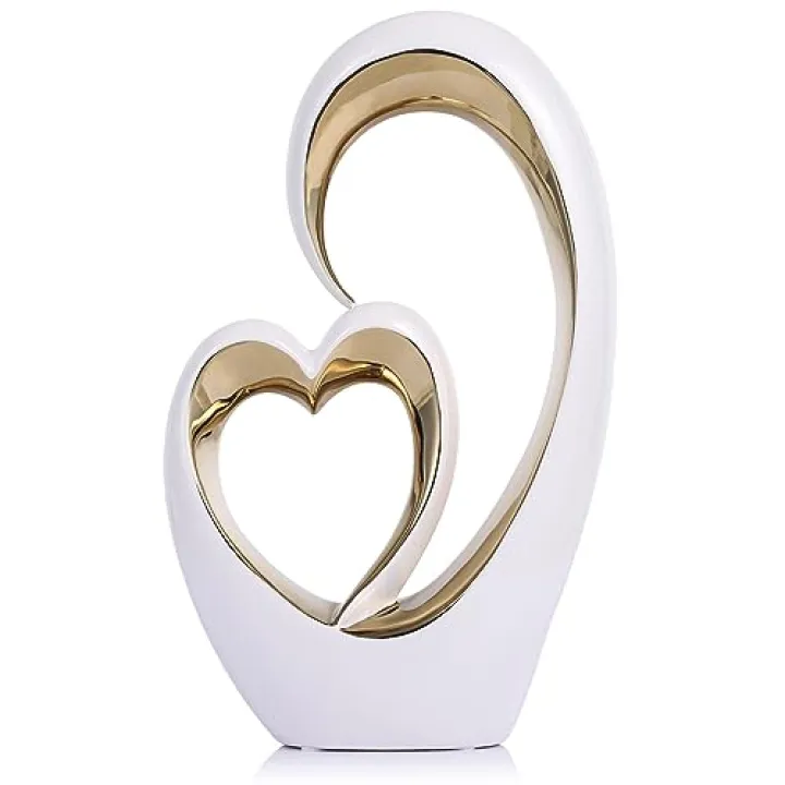 Oliruim White Gold Ceramic Heart Statues - Abstract Home Sculptures for Bedroom, Wedding, Valentine Decor & Gifts for Women