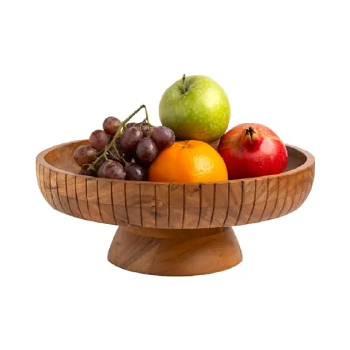 LAVAUK Acacia Wood fruit bowl with pedestal | 12" dia | Decorative bowl used as Centerpiece for kitchen counter or dining table | Wooden table decor| (Natural Finish)