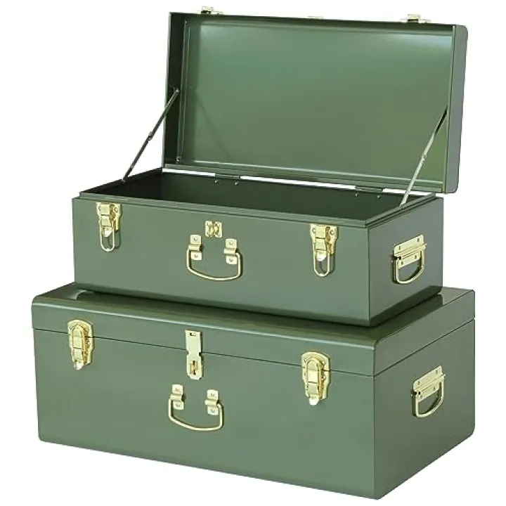 Vixdonos Metal Trunk Decorative Storage Box Set of 2 College Dorm Chest with Handle (Green)