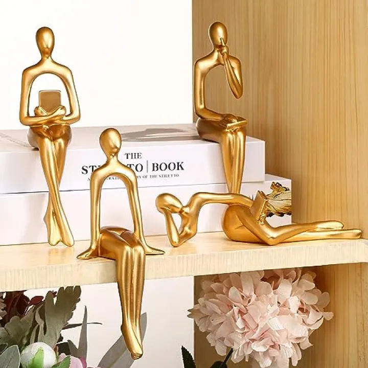CYYKDA Bookshelf Decor Gold Thinker Statue Figurines Set of 4-Decorate Your Home, Office, or Shelf with Abstract Art Sculptures- Deal for Birthday, Christmas, Thanksgiving, Mom Gifts