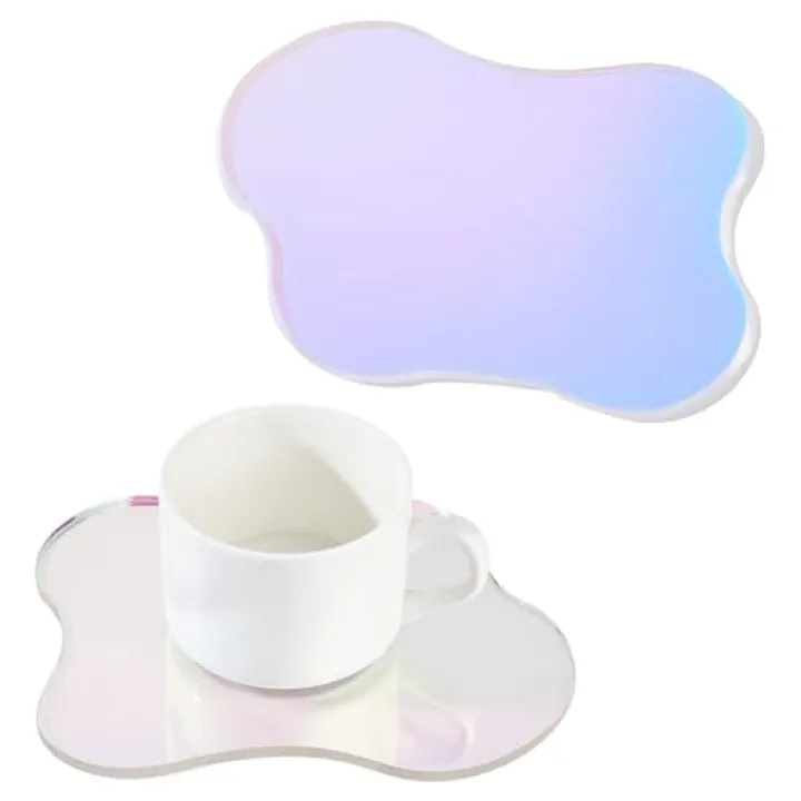 FINGERINSPIRE 2 Cloud Shaped Acrylic Coasters 5.1x6.4inch Clear Iridescent Irregular Creative Decorative Plate for Kitchen Counter, Dresser, Office Desk