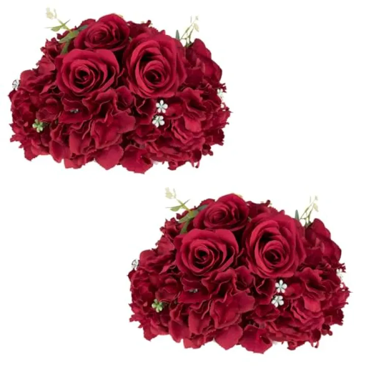 NUPTIO Flower Balls for Centerpieces Wedding: 2 Pcs 11.8 inch Diameter Artificial Flower Ball Arrangement Bouquet Centerpiece for Tables - Burgundy Fake Rose Flowers for Wedding Decor