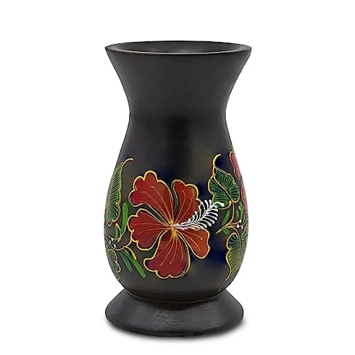 Aeravida Beautifully Painted Hibiscus Flower Black Mango Tree 6-inch Wooden Bouquet Vase | Modern Flower Vase Home Décor | Living Room Home Decoration