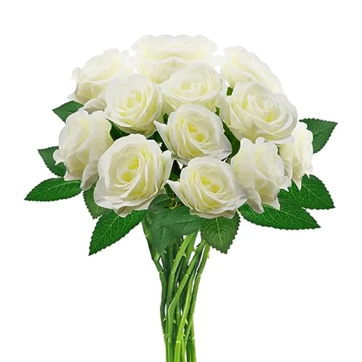 hailanbao White Artificial Roses with Long Stems, 12Pcs Realistic Roses Artificial Flowers, Faux Roses | Bulk Fake Flowers for Home Decor, Wedding Party Table Centerpieces, DIY Bouquet