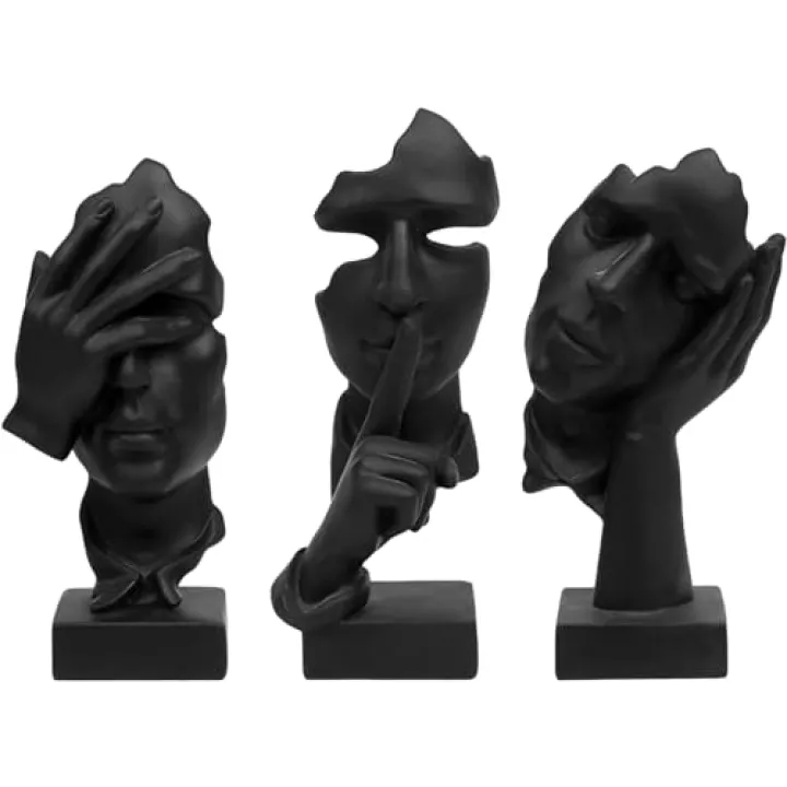 aboxoo 3 Pcs Thinker Statue, Silence is Gold Abstract Art Figurine, No Hear No See No Speak Modern Resin Sculptures Decor for Living Room, Home, Office Study (Black)