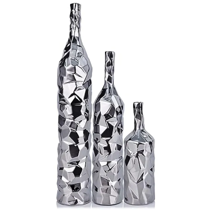 19.6" Tall Ceramics Floor Vase Set of 3 - Large Silver Decor & Entrance Table Centerpieces, Modern Tall Skinny Vase for Pampas Grass Boho Single Flower Decorative