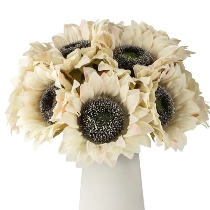 DuHouse 12pcs Artificial Sunflowers with Long Stems 5.5" Silk Sunflowers Bulk for Wedding Home Garden Outdoor Party Decoration(Beige)