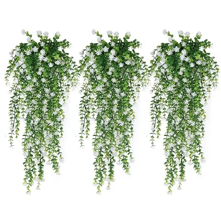 RECUTMS Artificial Hanging Plants Fake Hanging Plant Faux Eucalyptus Leaf Greenery Vine Outdoor UV Resistant Plastic Plants Home Garden Wedding Party Indoor Outdoor Decorations(White)