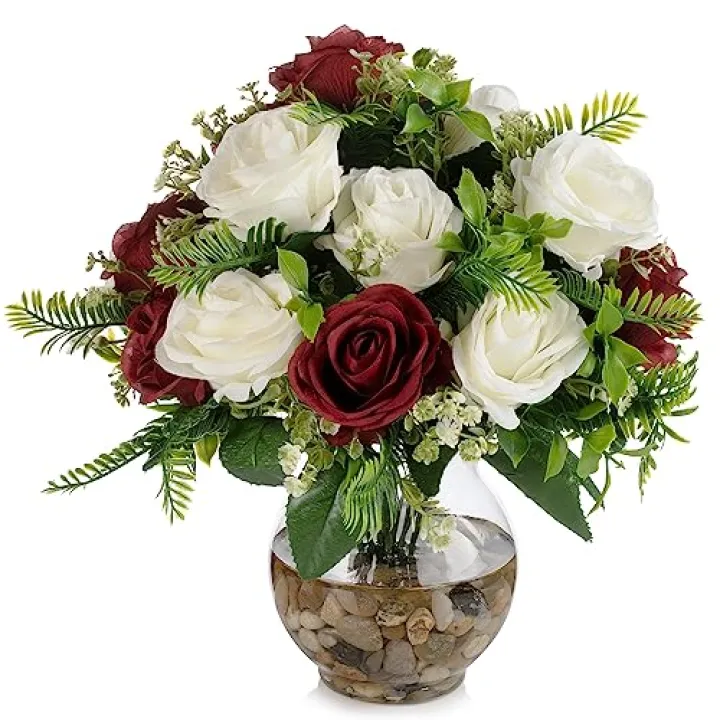 ENOVA FLORAL 18 Heads Silk Rose Artificial Flowers in Vase,Faux Rose Flowers Arrangement in Round Bowl Vase with Faux Water and River Rock for Table Decor Centerpieces (Burgundy Cream)