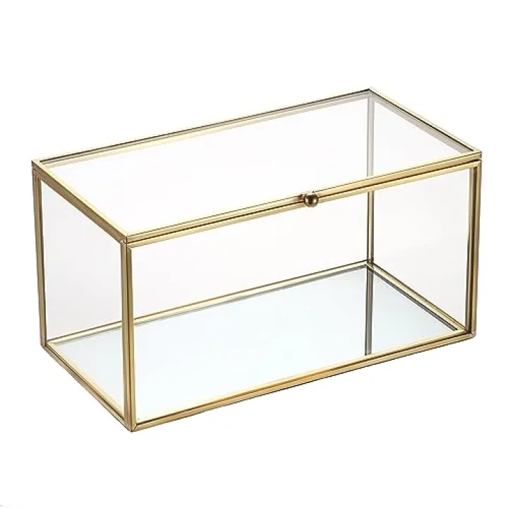 Hipiwe Gold Glass Decorative Rectangular Keepsake Shadow Box - Mini Garden Jewelry Display for Wedding Cards, Trinkets, Photos & Perfume - 8.3"x4.3"x4.3"