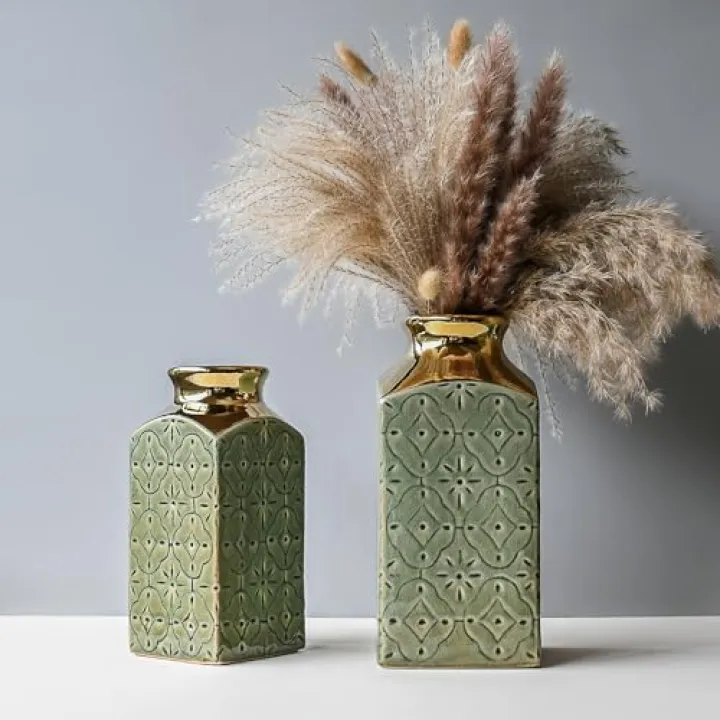 LIZOFER Modern Ceramic Vase Set of 2 for Living Room Bedroom 9.3'' and 7.9'' Flower Vases for Home Decor Office Centerpieces Vintage Antique Green Gold Farmhouse Rustic Minimalist Gift for Fake Plant