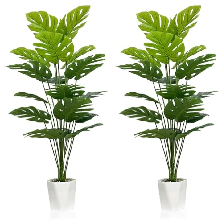 SAJANDAS Set of 2 Artificial Monstera Deliciosa Plants in Pots, Fake Tropical Palm Tree with Greenery Leaves Stems, 43 Inch Faux Swiss Cheese Floor Plants Indoor for Home, Office, Store Decor