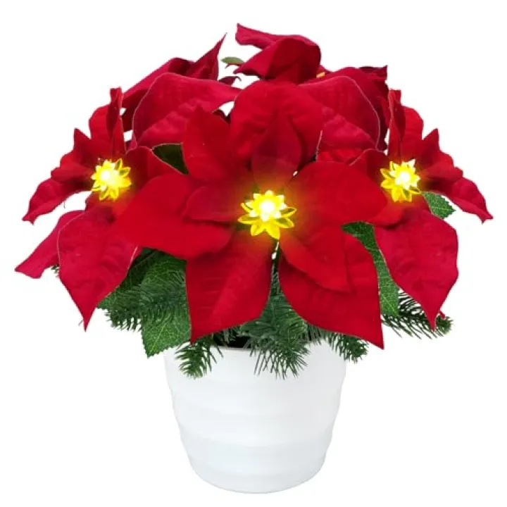 HO2NLE Artificial Poinsettias Flowers LED Lighted Christmas Table Centerpiece Faux Poinsettia Plants in Pot for Outdoor Christmas Indoor Home Xmas Winter Holiday Decorations(12Inch)