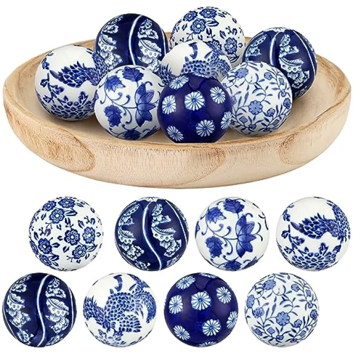 BBTO 8 Pcs Porcelain Decorative Balls for Centerpiece Bowls, Vases,Tables, Blue Traditional with Bohemian Influence, Elegant Home Decor for Living Room Office(Cute)