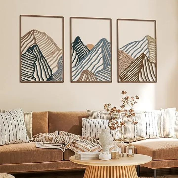 Peryiter 3 Pcs Metal Wall Art Decor Landscape Mountain Wall Hanging Decor for Living Room Abstract Minimalist Modern Mountain Line Pictures Bathroom Office Home Gifts Indoor(Vibrant Colors)