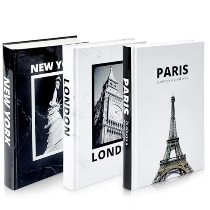 Decorative Books for Home Decor – Foldable Black and White Faux Book Set Featuring Paris, London & New York – Modern Coffee Table & Bookshelf Decor, Minimalist Book Decor Accents