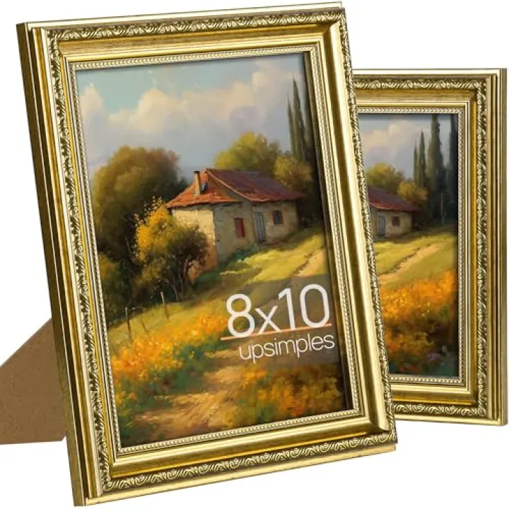 upsimples 8x10 Picture Frame with Real Glass, Ornate Vintage 8 x 10 Photo Frames for Wall Decor or Tabletop Display, Gold, 2 Pack