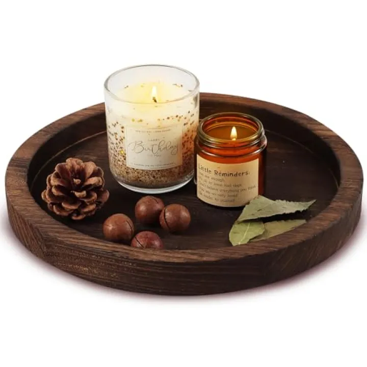 Hatway Wooden Decorative Tray Candle Holder Round Wood Tray Home Decor,Centerpieces Plates for Table centerpieces for CoffeeTable,Christmas Decor