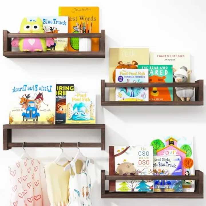 Fixwal Nursery Book Shelves, 16.5 Inch Floating Bookshelves for Nursery and Playroom Decor, Set of 4, Solid Wood Wall Mounted Shelves for Books and Toys Storage (Brown)