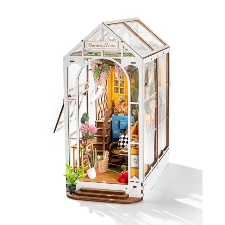 Rolife DIY Book Nook Kit Wooden 3D Puzzle Bookends 9.5" Garden House Miniature Kit with LED Bookshelf Decor Arts and Crafts for Adults Family Project Hobby Creative Gifts for Girls Boys Christmas