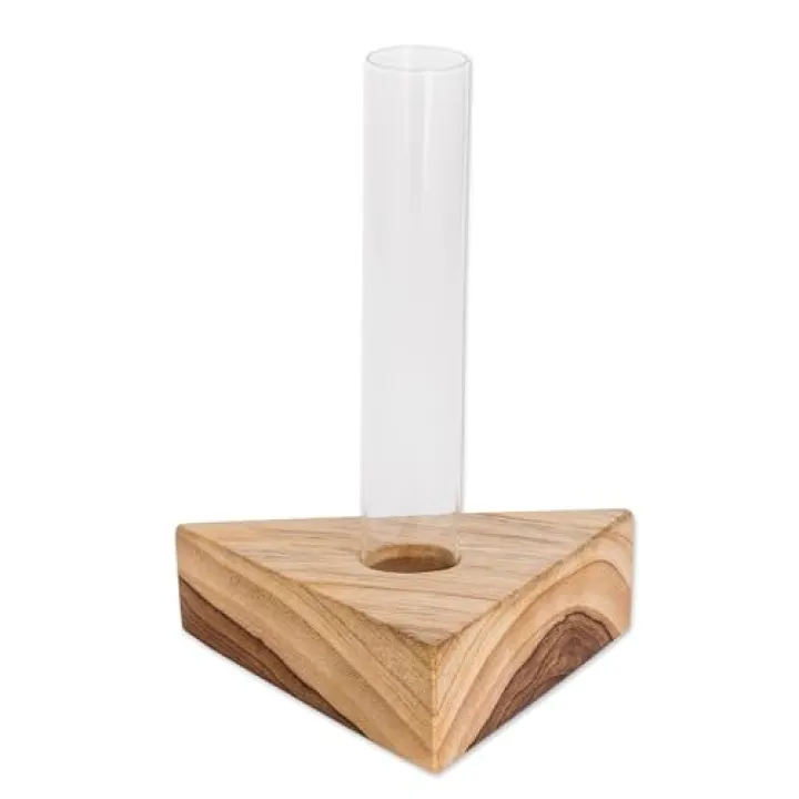 NOVICA Handmade Teak and Glass Vase Tube with Wood Stand Made in Guatemala Clear Geometric Modern 'Home Glamour'