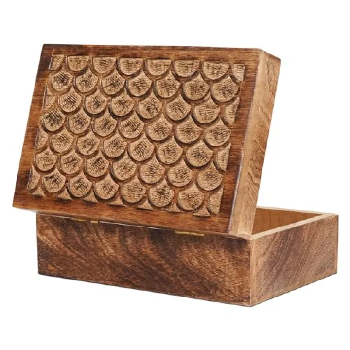 Carved Scallop Mango Wood Box with Lid - Medium Burnt Large Wooden Box - Handmade Decorative Box with Lid for Use As Memory Box, Keepsake Box, Photo Storage Box, and more - 9” x 6” x 3.5”