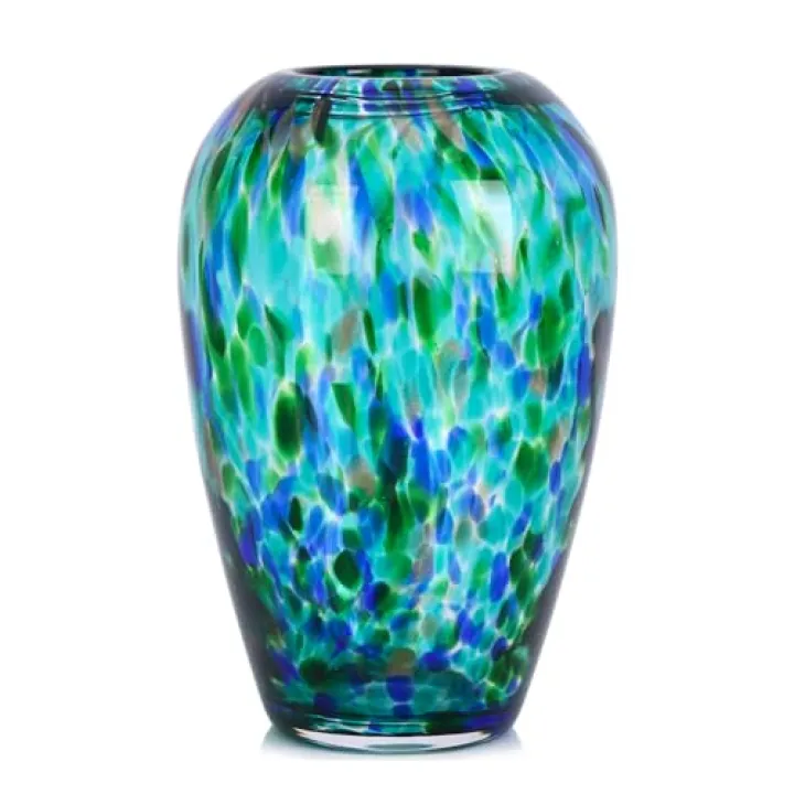 9" Tall Teal Vase Hand Blown Glass Vase Green, Modern Teal Home Centerpieces Wide Mouth Vases for Bud&Flower Decor - Ideal Living Room, Kitchen, Wedding, Dining Table, Office Center Table