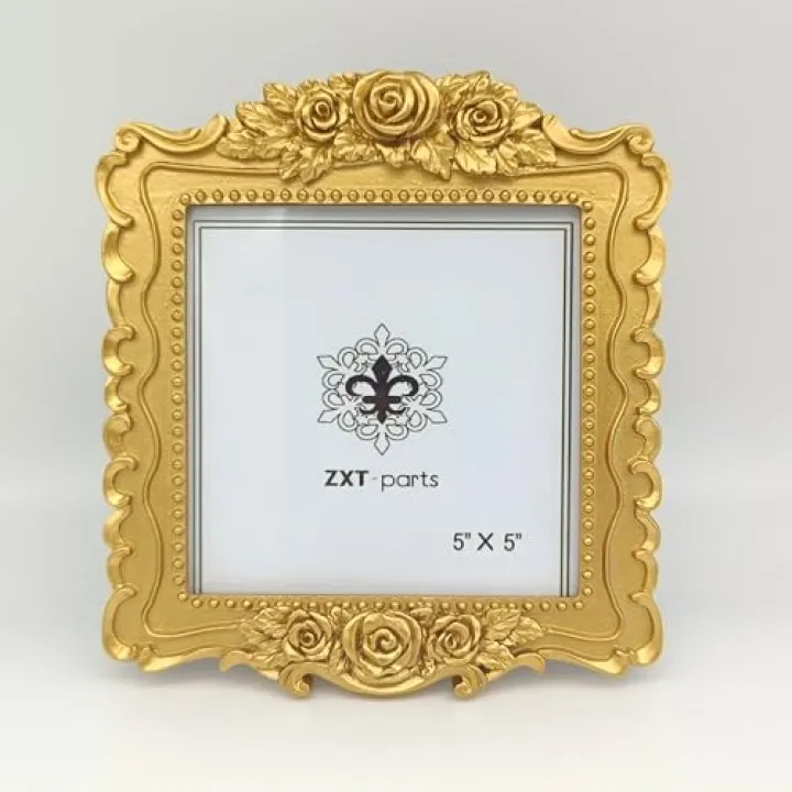 ZXT-parts 5x5 Picture Frame Square Gold Edge Frame. Resin Handmade Photo Frame. Glass Panel. Black Suede Cover.European Style Suitable for Wall or Desktop.（Golden Yellowish）
