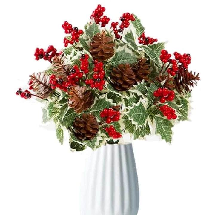 Shitailu Artificial Christmas Flowers Holly Red Berries Picks Pinecone Stems 12' Long for Christmas Vase Home Garden Party Arrangement Table Centerpieces Decorations Wreath and Xmas Tree 4 pcs