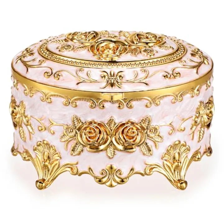 Hipiwe Vintage Metal Jewelry Box - Oval Trinket Organizer Ring Box Case with Rose Pattern Jewelry Storage Box for Ring Earrings Necklace, Gift for Women