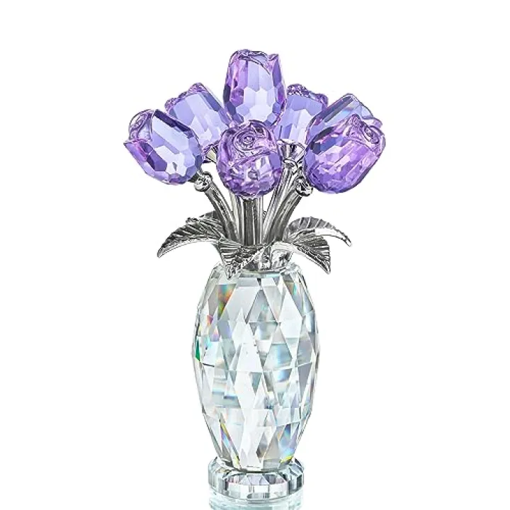 H&D HYALINE & DORA Crystal Rose Purple Flower Figurine,Rose Gifts for Mom Wife Grandma,Glass Flower Collectible Ornament Mother's Day Thanksgiving Anniversary Birthday Gifts