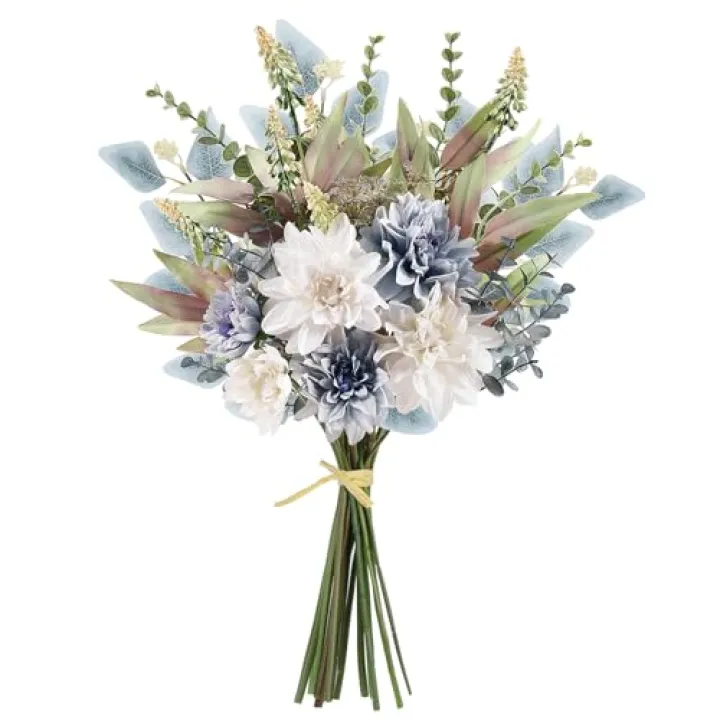 Fake Artificial Flowers Bouquet for Decoration, Silk Floral Arrangements Faux Flowers Plant Wedding Bride Bouquets Tables Centerpieces for Rustic Home Decor Indoor Vase Floral Table Decor (Blue White)